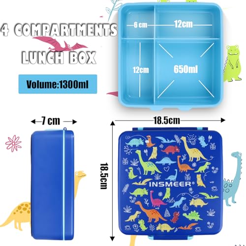 INSMEER Marmita Termica Infantil - 1,3 Litros, Lancheira Termica Portátil Com Talheres, Com 4 Compar