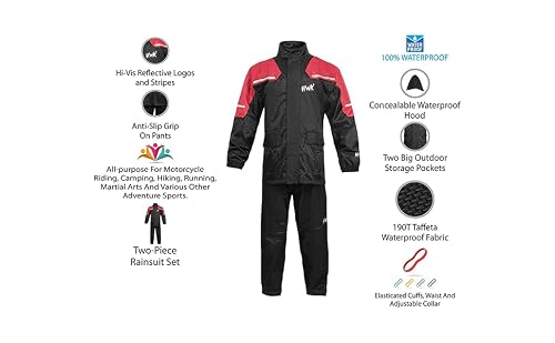 Hwk Motorcycle Rain Suit For Men And Women, Two-Piece Waterproof Motorcycle Rain Gear With Reflective Rain Jacket And Rain Pants For Weatherproof All-Season Riding, Red, X-Large #TOP8