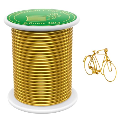 VynyQoo 2mm Basteldraht 12m Modellierdraht Aludraht Draht Gold Weicher Aluminiumdraht Schmuckherstellung Bindedraht pour Basteln DIY