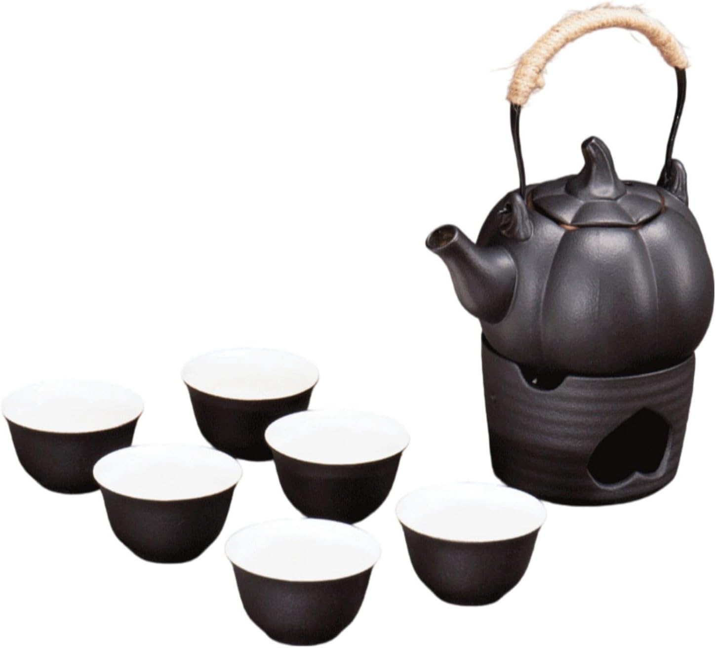 围炉煮茶陶瓷功夫茶具套装南瓜壶煮茶壶 Ceramic Kung Fu Tea Set,teapot,Teacups,warming Wedding Birthday Gift,Tea Tray Chinese,Dishwasher Safe 组合-磨砂仿南瓜壶6杯大套组
