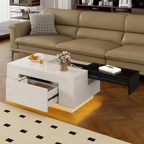 Mesa de centro moderna con luces LED tablero extensible cajon blanco negro salon 8