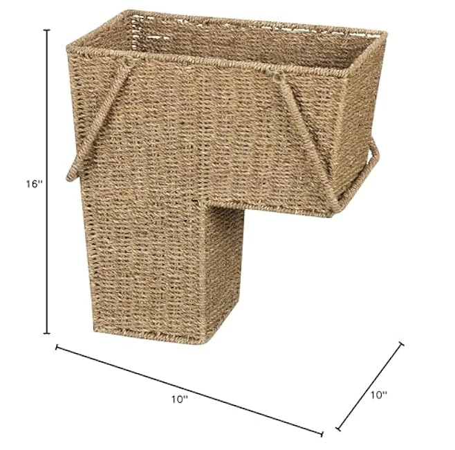 Household Essentials Wicker Stair Basket with Handles, Handwoven Seagrass, Sits on Two Stairs, Lightweight,
