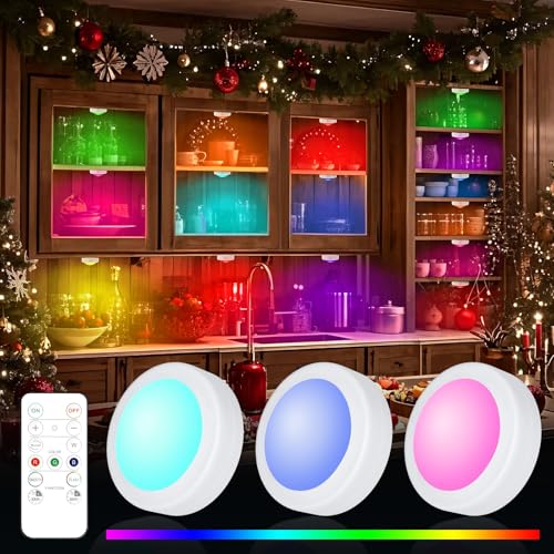Yiliaw 3er-Pack LED Puck-Lichter mit Fernbedienung,16 Farbwechsel Unterbauleuchten,Batteriebetriebene Nachtlichter mit Dimmer & Timer für Schrank,Schlafzimmer und Küche,Weiß