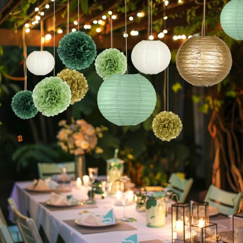 Image of KAXIXI 15pcs Hanging Party Decorations Set, Sage Green Gold Paper Flowers Pom Poms Balls and Paper Lanterns for Rustic Party Bridal Shower Wedding Sage Green Birthday Party Supplies, LanternPomPom008