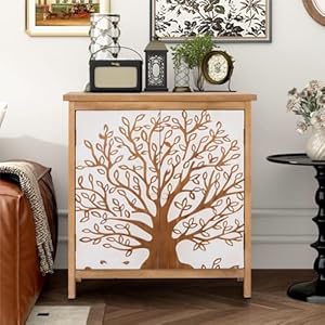 Mfstudio wood accent storage cabinet with 2 doors farmhouse tree pattern decorative cabinet buffet sideboard display cabinet for entryway living room  urban country home decor
