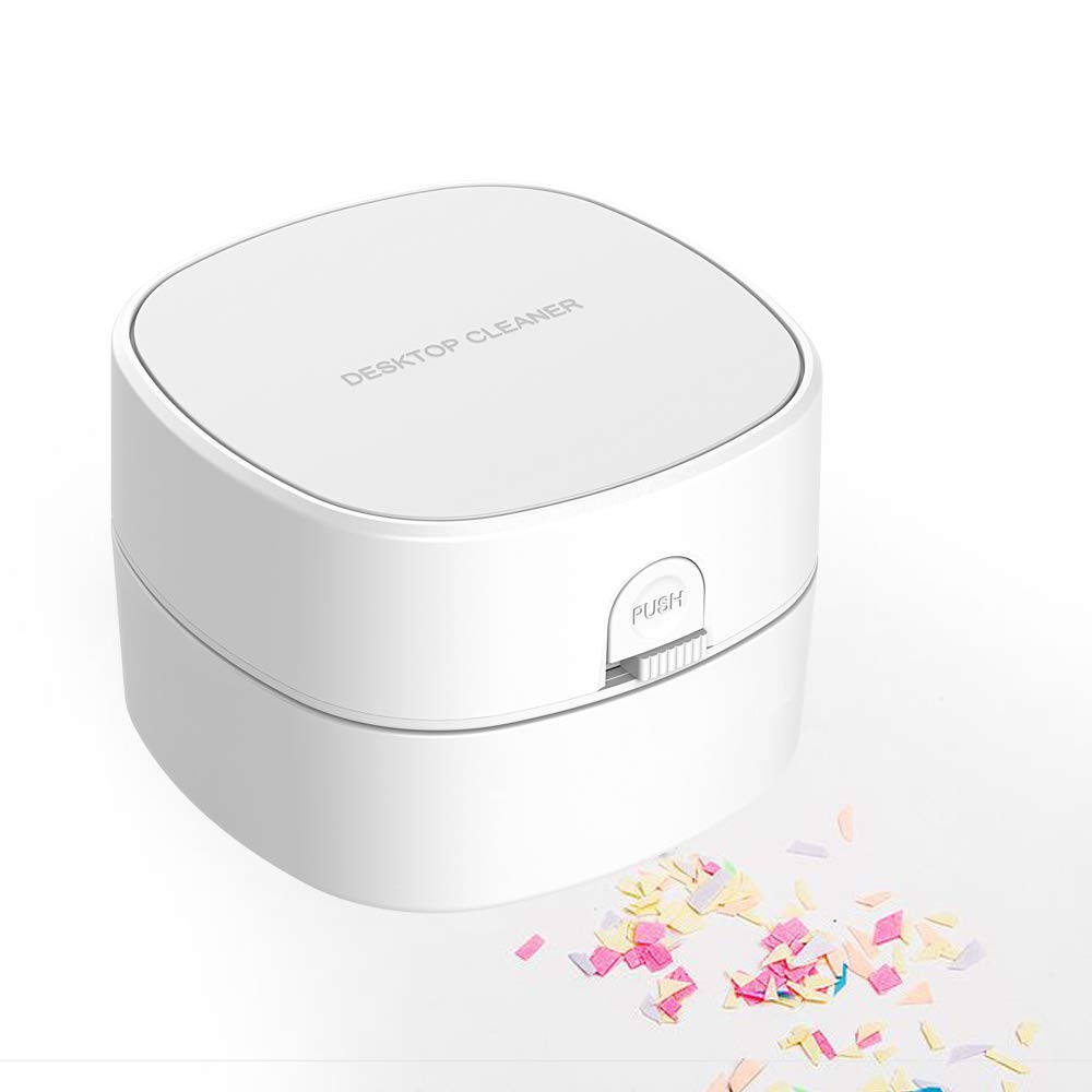 Desktop Vacuum Cleaner, Portable 360° Rotation Cordless Dust Cleaner Operated by Battery for Home School Office Keyboard Car and Pet House (White)