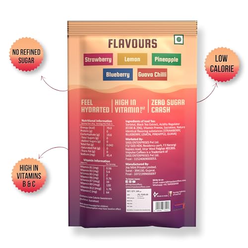 Image of Impulse Coffees Guilt Free Iced Tea Powder - Assorted Variety Pack | 5 Flavors - Lemon, Blueberry, Strawberry, Pineapple, Guava Chilli | Zero Refined Sugar | Vitamin C & B-Complex | 20g X 40 Sachets | 800g