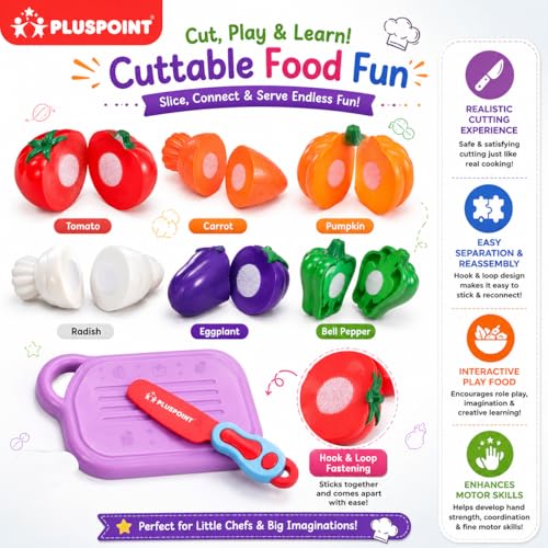 Image of PLUSPOINT Kitchen Set with Vegetables & Storage Bag | Sliceable Food Cutting Toy Set for Kids | Pretend Play Kitchen Food Accessories for Boys & Girls | Lunch Time Role Play Learning Toy