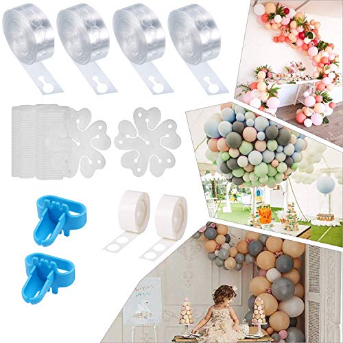 XUNKE Kit de Cinta de Tira Decorativa de la Columna de Arco,4 Tiras de Cinta de Globos/2 Puntos de Pegamento/2 Tiras de La cinta/20Piezas Clips para la Fiesta de Bodas Cumpleaños de Navidad