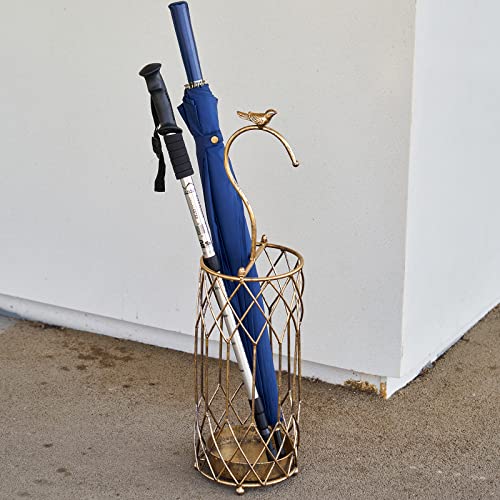 Smqljxc Umbrella Stand Rack, Gold Round Umbrella Holder For Entryway, Canes Walking Sticks Holder, Metal Entry Hallway Decor For Home Office, With Removable Drip Tray And Bird Handle #TOP5