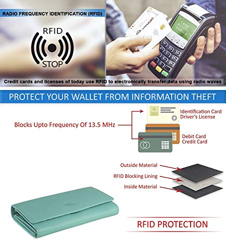 Image of Women's Top Grain Leather Wallet, RFID Blocking Bifold clutch, 17 Card Slots, Zip Pocket Organizer, Elegant Gift for Women - Birthday, Valentine, Anniversary - AQUA