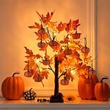 Große Ahornblatt Herbstdeko Innenlichterbaum mit 24 LED&12 Papier‑Kürbis,Halloween Deko Innen,Herbst Dekoration Eukalyptus mit Timer,Herbstdekoration Lichterkette Warmweiß für Tischdekoraion
