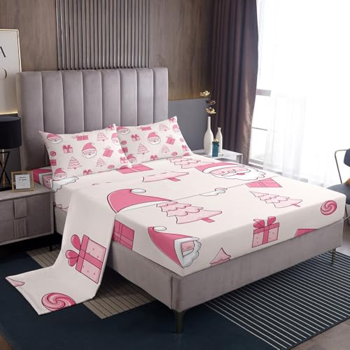 Homemissing Juego de sábanas de tamaño individual para niños y niñas, diseño de Papá Noel, con bolsillo profundo, sábana bajera ajustable, transpirable, suave, ligera, de microfibra, color rosa claro