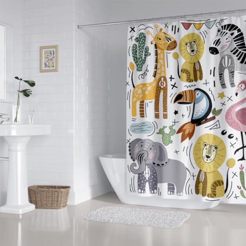 Image of Cute Animal Shower Curtain Wildlife Lion Zebra Elephant Chameleon Flamingo Giraffe Home Bathroom Decor Waterproof Fabric 72Lx72W Inch with Plastic 12PCS Hooks