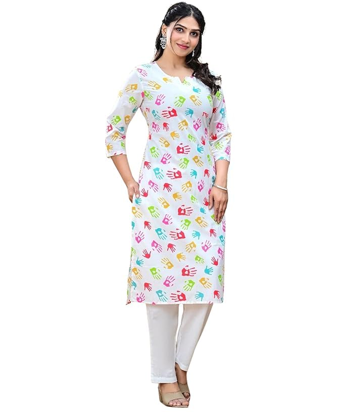 SBETREND Women Cotton Printed Kurti Top, Multicolor Hand Print, 3/4 Sleeve, Straight Kurta