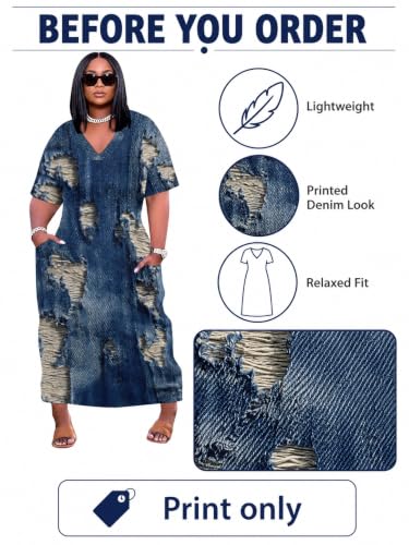 Image of SUZONANA Womens Plus Size Denim Print Maxi Dresses Casual Jean Look Dress