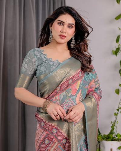 Image of ALMAARI FASHION Handloom Cotton Linen Saree for Women with Floral Printed Design and Tassel Pallu, Traditional Ethnic Lightweight Saree for Daily Office Festive with Blouse Piece