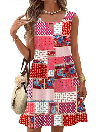 Image of Zeagoo Womens Casual Summer Dresses 2025 Boho Sleeveless Sundresses with Pockets Pleated Beach Floral T Shirt Dresses