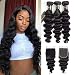 9A Peruvian Loose Deep Wave Bundles with Closure,(14"16''18"+12Closure) Peruvian Virgin Hair Loose Deep Hair Full, 100% Human Hair 3 Bundles with Top French Lace Closure Hair Extension
