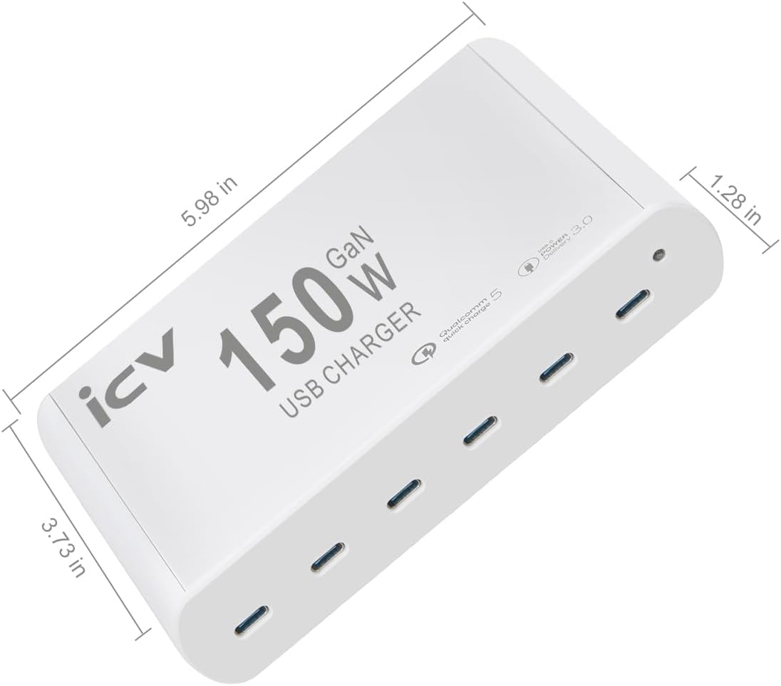 icv 150W PD Fast USB C Charging Station for Multiple Devices, 6-Port GaN 100W Type C Laptop Fast Charger Multiport USB Charging Station for MacBook, iPhone, Samsung, Galaxy, iPad, Android, White