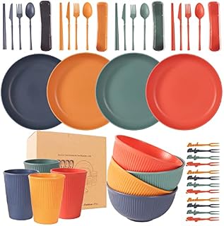 48PCS Unbreakable Plastic Dinner Set Lightweight | Reusable Dinnerware for 4 Microwave and Dishwasher Safe | Plastic Plates and Bowls Set, Cups, Cutlery Sets, Fruit Forks Set