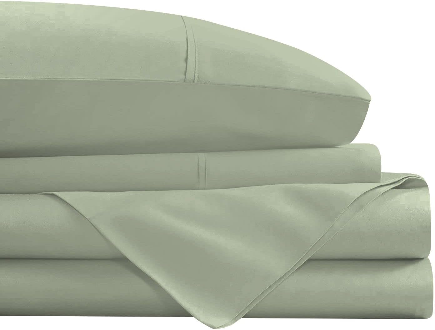 DNG Creations 100% Egyptian Cotton, 4 Piece Sheet Set Luxury Soft 1000 Thread Count 26 Inch Deep Pockets with Side Storage Pockets on Fitted Sheet, Queen Size, Light Sage