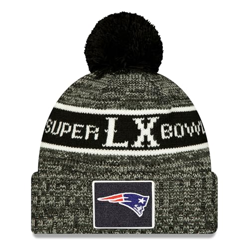 New Era Mens Black New England Patriots Super Bowl LX Cuffed Knit Hat with Pom