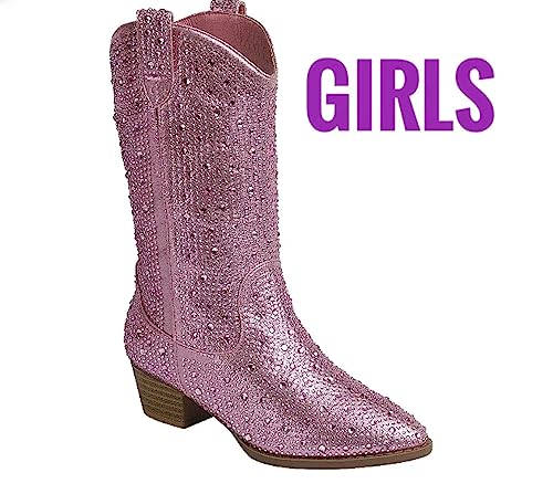 Forever Girls/Kids Rhinestone Western Cowgirl Cowboy Pointed Toe Low Heel Boots Pink 12