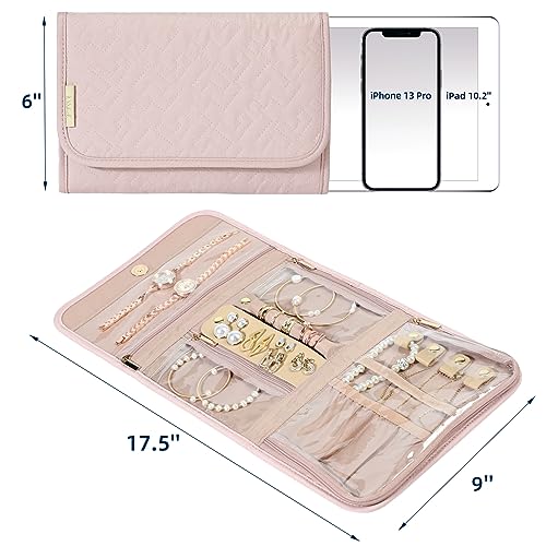 NISHEL Pink Travel Jewelry Organizer Roll - Foldable Case for Necklaces, Earrings, Rings, Bracelets, and Watch