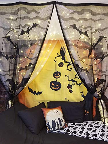 Aritiflr 5 Pack Halloween Decorations, Black Lace Party Decor, Bat Window Curtains, Spider Web Fireplace Mantel Scarf Cover, Spider Web Table Topper Tablecloth, Halloween Lamp Shade #TOP6
