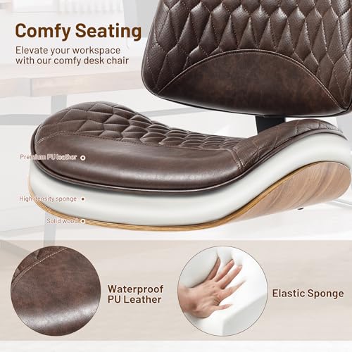Image of Walnut Bentwood Mid Back Armless Office Chair 1 Pack, Adjustable Height PU Leather Swivel Desk Chair with Wheels, Rolling Computer Task Chair for Home Office, Study, Meeting Room