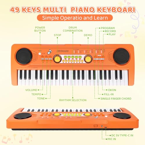Kids Piano Keyboard with Microphone, 49 Keys Portable Electronic Piano Keyboard for Kids Beginners Ages 3 4 5 6 7, Toy Music Keyboard Birthday Xmas Gift for Girls Boys, Orange - Thumbnail 2