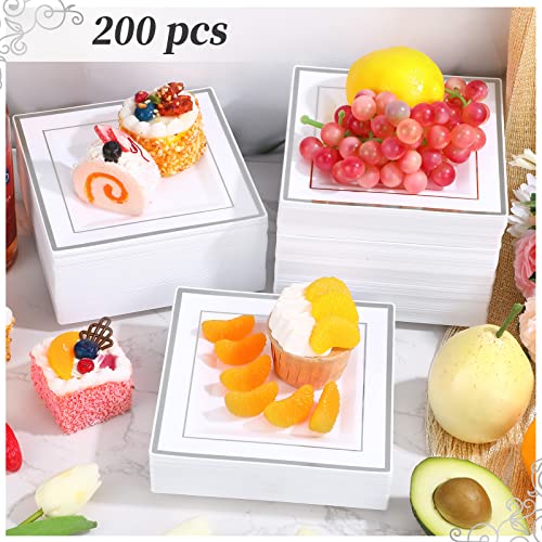 Gandeer 200 Pcs Square Plastic Plates, 6.5 Inch Disposable Salad Dessert Plates Hard Square Dinner Plates For Wedding Anniversary Bachelorette Baby Shower Birthday Party(White, Silver) #TOP4