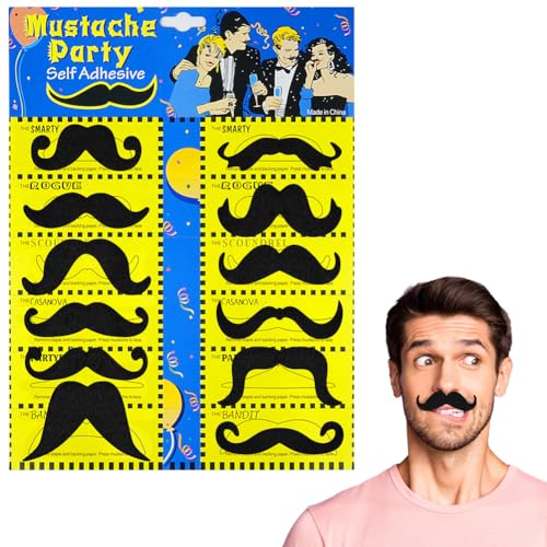 AUYAO Bigote Postizo, 12pcs Juego de Bigote Falso, Bigotes Autoadhesivos, Barba de Carnaval de Los Años 80, Bigote para Pegar para Disfraces Fiesta de Halloween Fiesta de Rendimiento, A