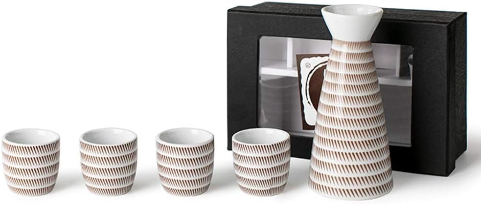 Sake Set of 5 Pieces Japanese Style Traditional Retro Porcelain Crafts (Color : Brown Taiji Pattern) (Blue Ice Crack) (Brown Circle Pattern)