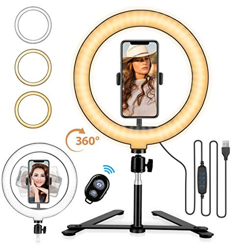 Hotrose 10 LED Ring Light with Tripod Stand & Phone Holder, Selfie Ring Light Dimmable Desktop Ring Light with 3 Colors & 10 Brightness for Youtube Video, Makeup, Selfie, Photography, Live Streaming