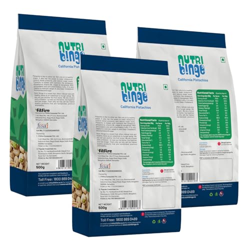 Image of NUTRI BINGE Pistachios (Pista 500 Grams) - Pack of 3, Premium California Roasted and Salted Pista Dry Fruits, Fresh Nutrient Rich Vegan Healthy Snacks