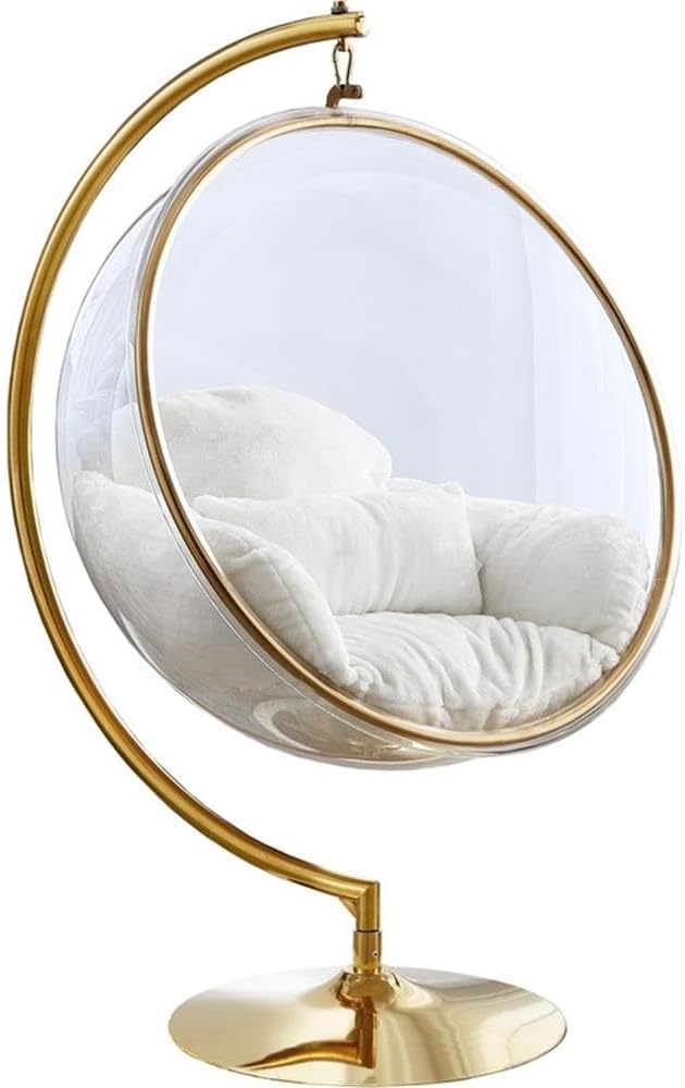 Pemberly Row White Faux Fur Swing Accent Chair, Clear Acrylic Bubble Design, Gold Metal Frame, 41.5" W x 29.5" D x 64" H, Modern Lounge Chair for Living Room or Bedroom