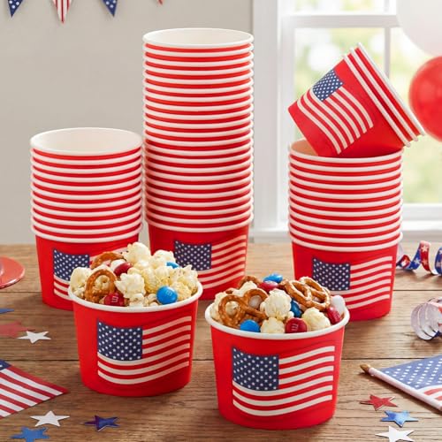 Image of Funnymoom 50 Pack 4th of July Ice Cream Cups Patriotic Party Supplies 9 oz American Flag Disposable Dessert Bowls Red White and Blue Paper Soup Bowls Snack Cups for 250th Aniversary Independence Day