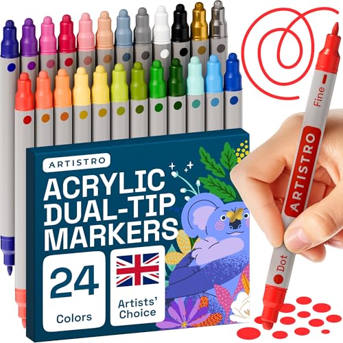 ARTISTRO 24 Colors Acrylic Paint Pens Art Set Dual Tip (Fine 1mm + Dot 5mm), Acrylic Markers for Fabric, Canvas, Rock, Glass, Wood, Paper, DIY, Paint Markers for Kids and Adults