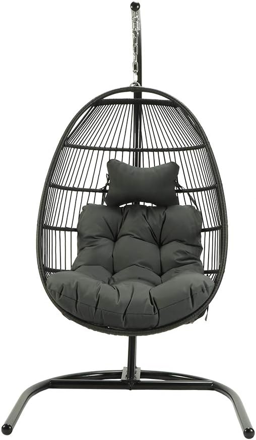 ANKAUQAR Luxury Single Outdoor Terrace Hanging Handmade Bamboo and Rattan Swing Chair (Enlarged Space, Black, Gray and Beige) (Grey)
