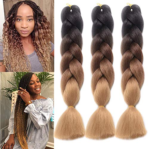 MSBELLE 5 Packs Kanekalon Braiding Hair Extensions Brown Ombre Jumbo Twist Braids Hair for Black Women 100g/Pcs 24 Inch(Black-Brown-Blonde)