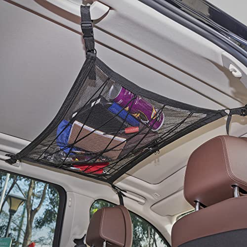 Amiss Car Ceiling Cargo Net Pocket, 31.5" X 20.9" Adjustable Roof Double-Layer And Load-Bearing Storage Net, Car Truck Suv Long Distance Travel Camping Cabana Accessories(Drawstring Style) #TOP26