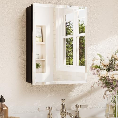TETOTE 14 x 18 Medicine Cabinet with Tempered Beveled Mirror Black Aluminum Cabinet DTC Hinges, 2 Stepless Adjustable Shelves, Recessed/Surface-Mounted by TETOTE - Used condition - US$74.69