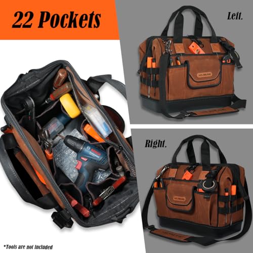 WELKINLAND 22-Pockets Hard Bottom Tool Bag, 14-Inch Waxed Canvas Tools Bag, 25L Heavy Duty Electrician Bags, HVAC Service Bags, Mechanic, Technician Tool Bag