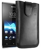 mumbi Bolso de cuero real compatible con Sony Xperia J, (Pestaña con función de retracción, auxiliar de extracción), negro mumbi Bolso de cuero real compatible con Sony Xperia J, (Pestaña con función de retracción, auxiliar de extracción), negro