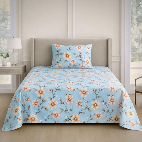 Image of DECOR2ADMIRE Premium Cotton Bedsheet Double King Size 60x100 Inches, 300 TC Soft Breathable Printed Bed Sheet with 1 Pillow Cover (Light Blue Floral, Single 60 inch x 90 inch)