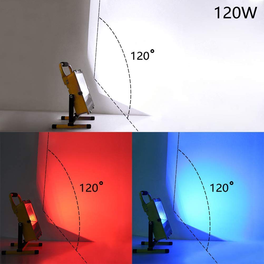 Przenośna lampa robocza LED 120 W, bezprzewodowe reflektory akumulatorowe, wodoodporne zewnętrzne światła robocze IP65 ze stojakiem, wbudowana bateria 17600 mAh, reflektory punktowe do garażu