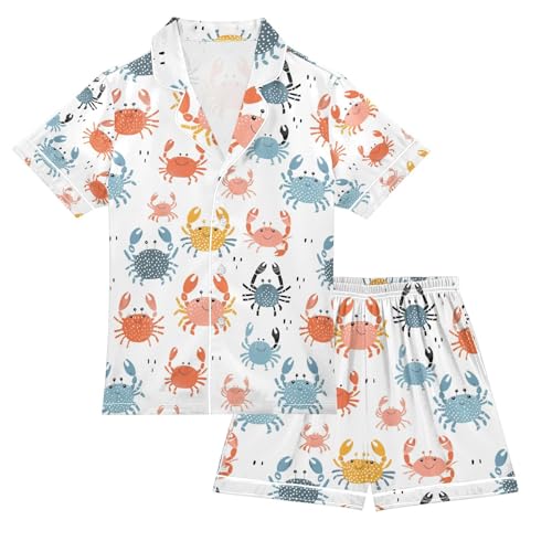 senya Colorful Crabs Satin Summer Pajama Sets Silk Short Sleeve Button Down Sleepwear