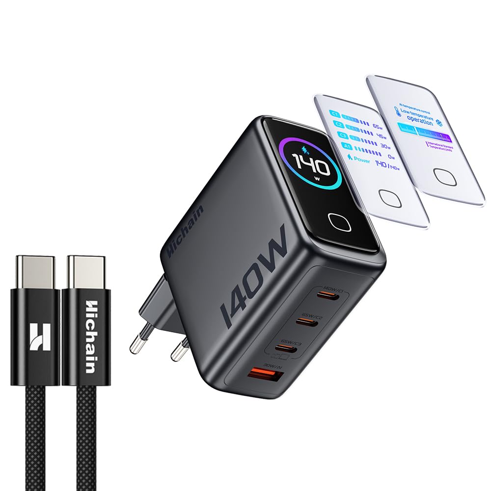 Hichain USB C Ladegerät 140W,Laptop Ladegerät, 4-Port Multi-Geräte Schnellladeleistung, Fortschrittliches GaN Netzteil,Ultra-schnelles 140W Laden bei 1,PortTouch Control
